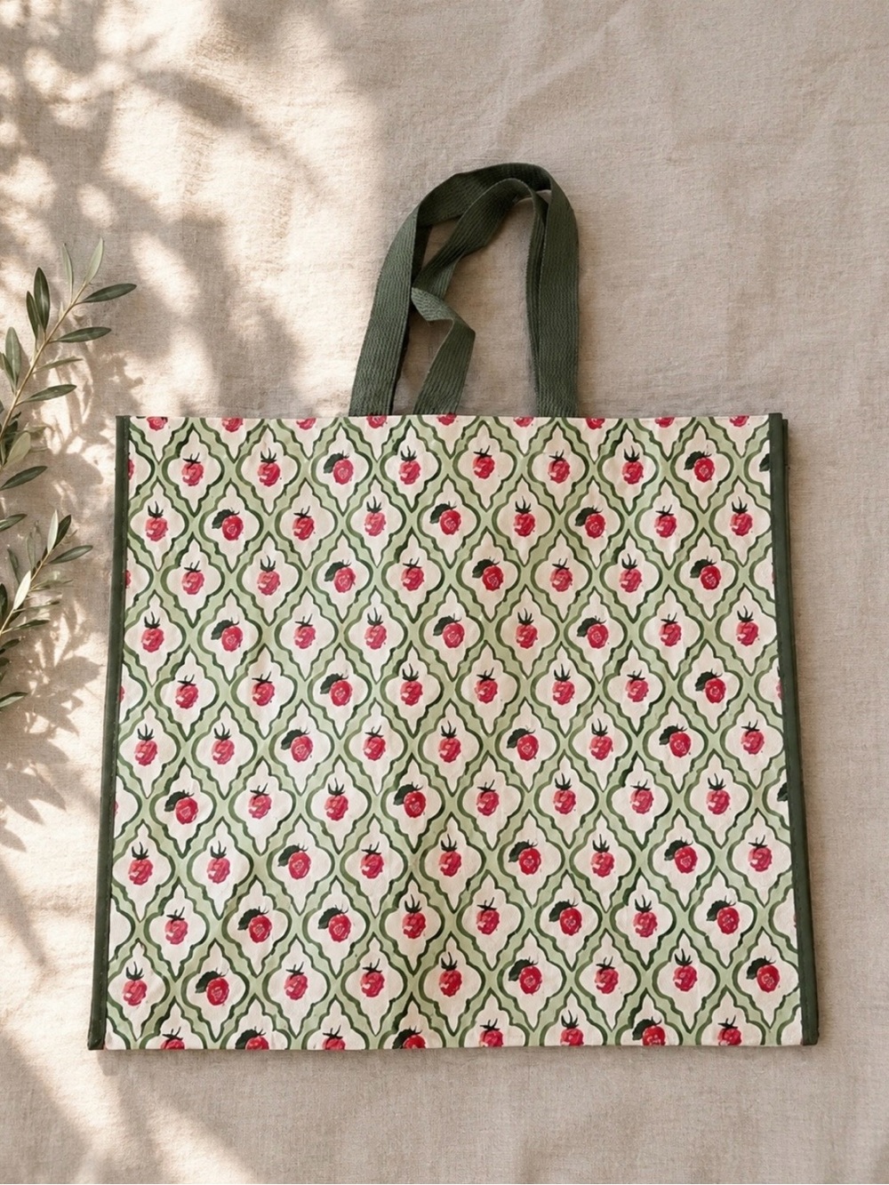 Raspberry print reusable tote bag
